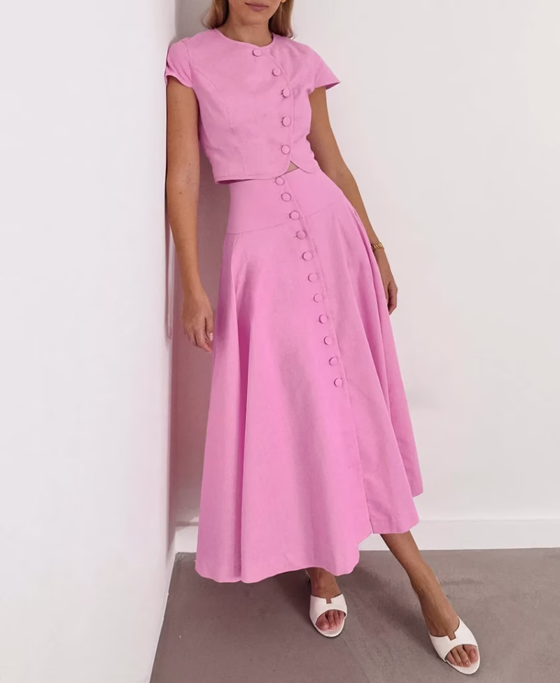 2025 European and American spring and summer new pink cotton high-waisted V-neck skirt set fashion cross-border wholesale women's two-piece set - Image 5