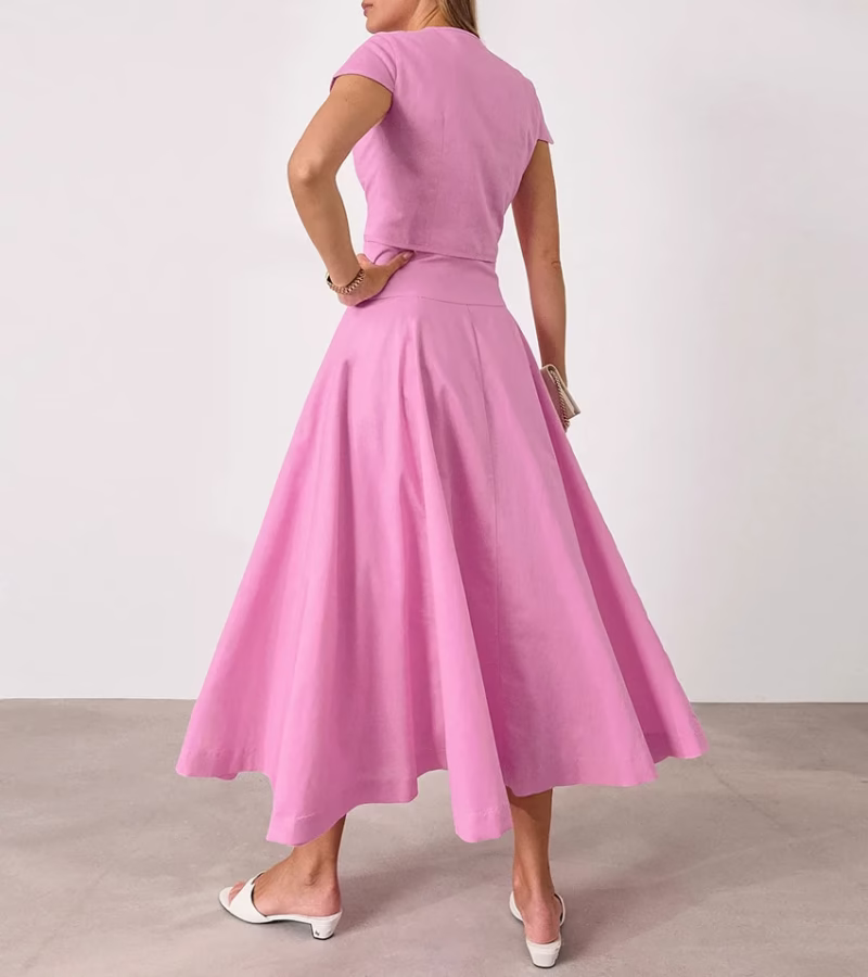 2025 European and American spring and summer new pink cotton high-waisted V-neck skirt set fashion cross-border wholesale women's two-piece set
