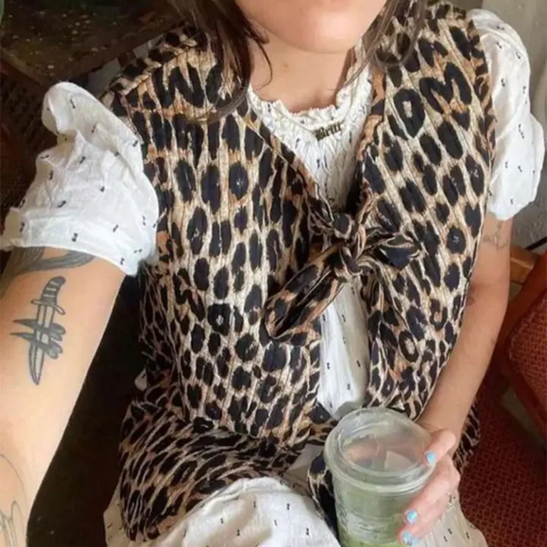 Spot European and American cross-border 2024 hot selling leopard print tie bow vest vest front slit fashion women's jacket - Image 11