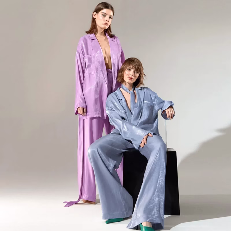 2022 spring and summer new satin casual fashion suit lace European and American foreign trade women's shirt trousers two-piece set