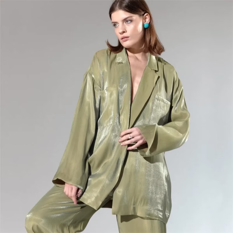 2022 spring and summer new satin casual fashion suit lace European and American foreign trade women's shirt trousers two-piece set - Image 7