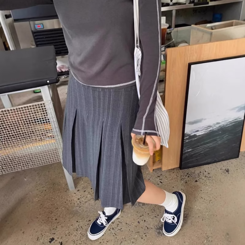 Japanese gray striped pleated skirt women's spring retro texture suit skirt design sense A-line high-waisted midskirt - Image 3