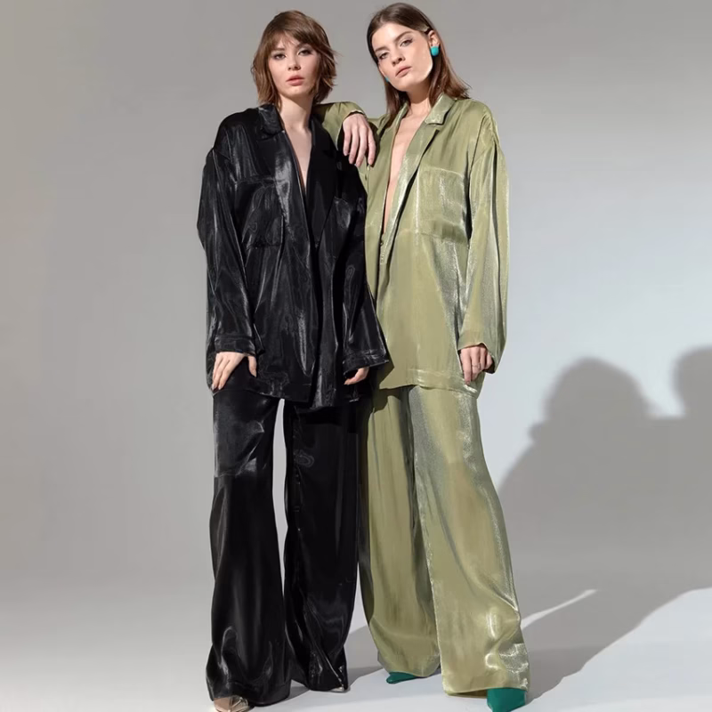 2022 spring and summer new satin casual fashion suit lace European and American foreign trade women's shirt trousers two-piece set - Image 3