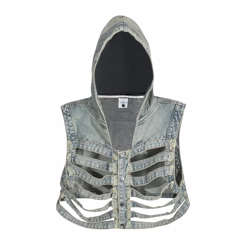 Dark cut-out skeleton hooded denim vest men's workwear shoulder ins trendy handsome short sleeveless vest