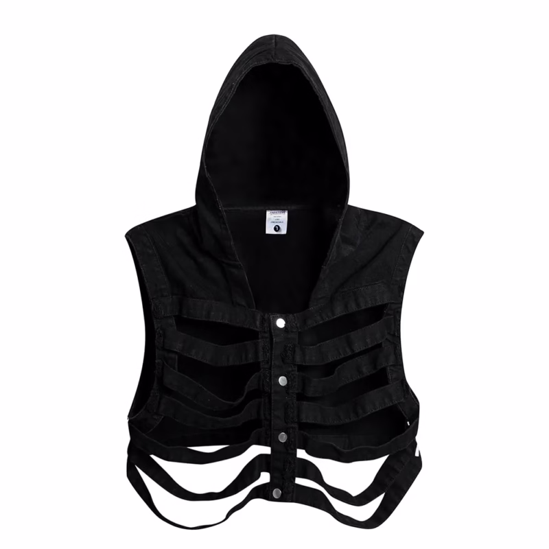 Dark cut-out skeleton hooded denim vest men's workwear shoulder ins trendy handsome short sleeveless vest - Image 3