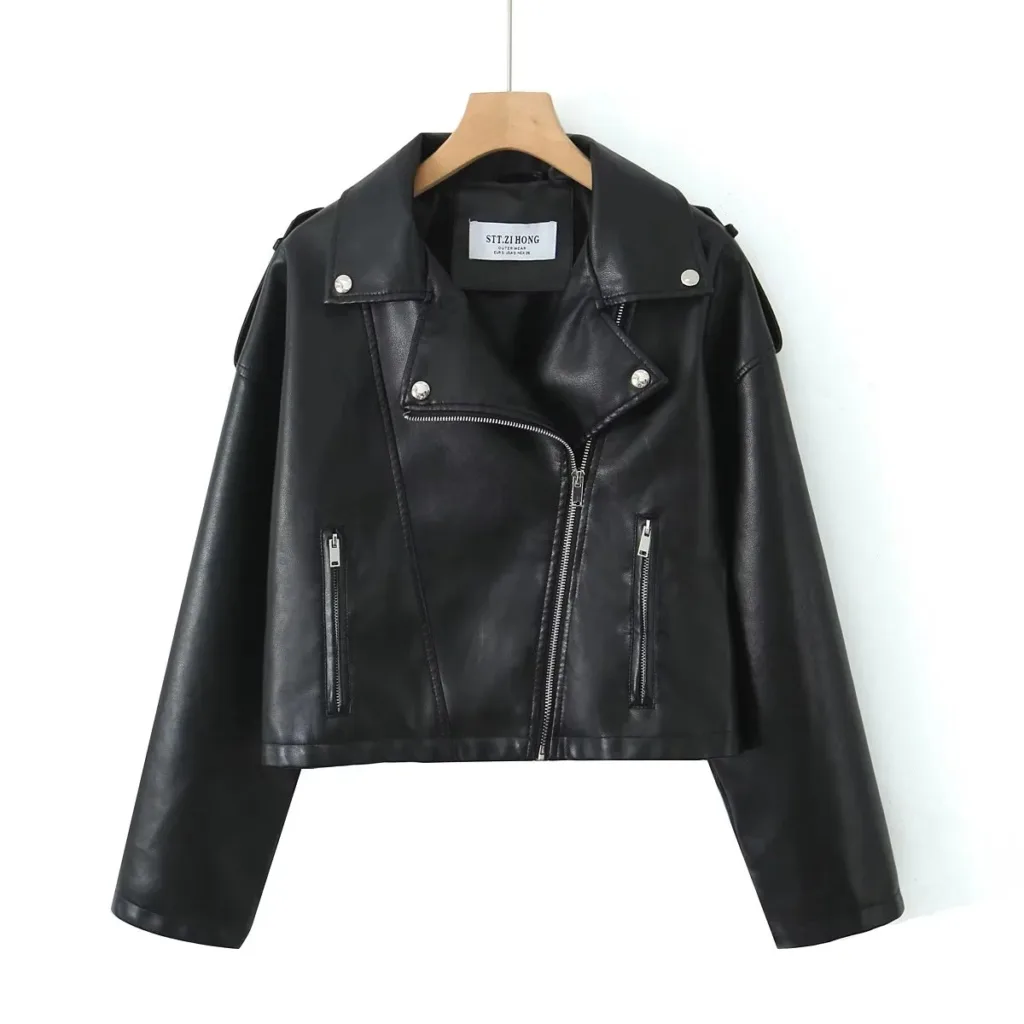 Autumn new American high street distressed faux leather biker jacket with zipper on the back of the top women - Image 5