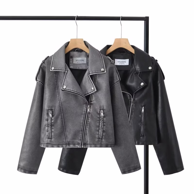 Autumn new American high street distressed faux leather biker jacket with zipper on the back of the top women - Image 2