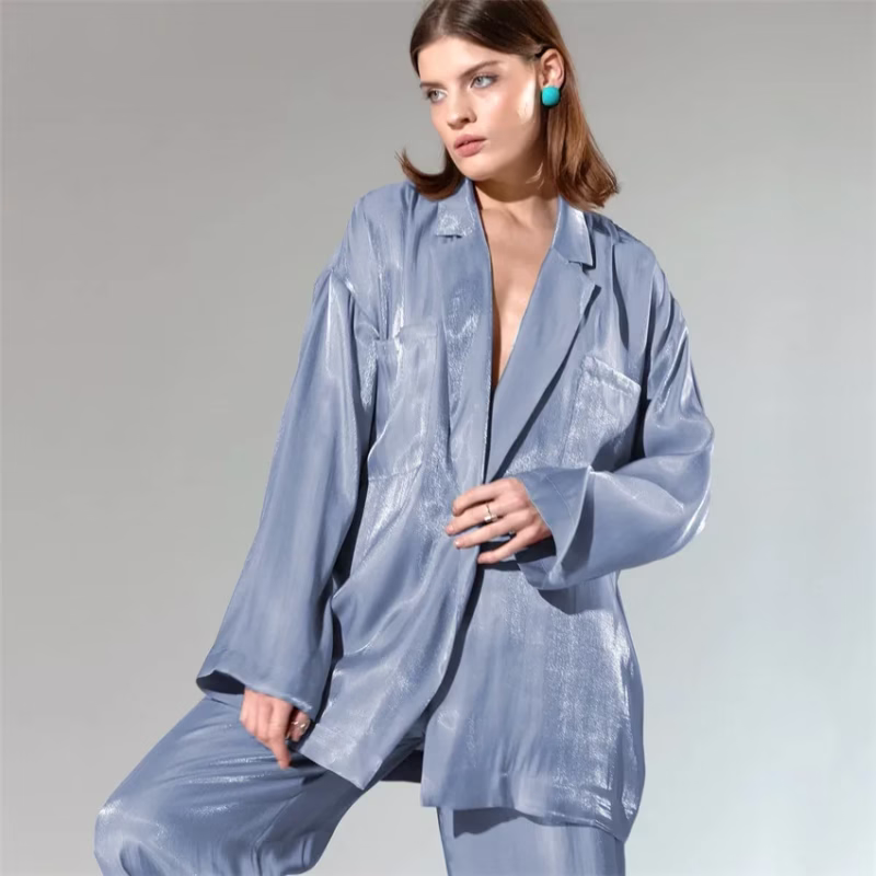 2022 spring and summer new satin casual fashion suit lace European and American foreign trade women's shirt trousers two-piece set - Image 2