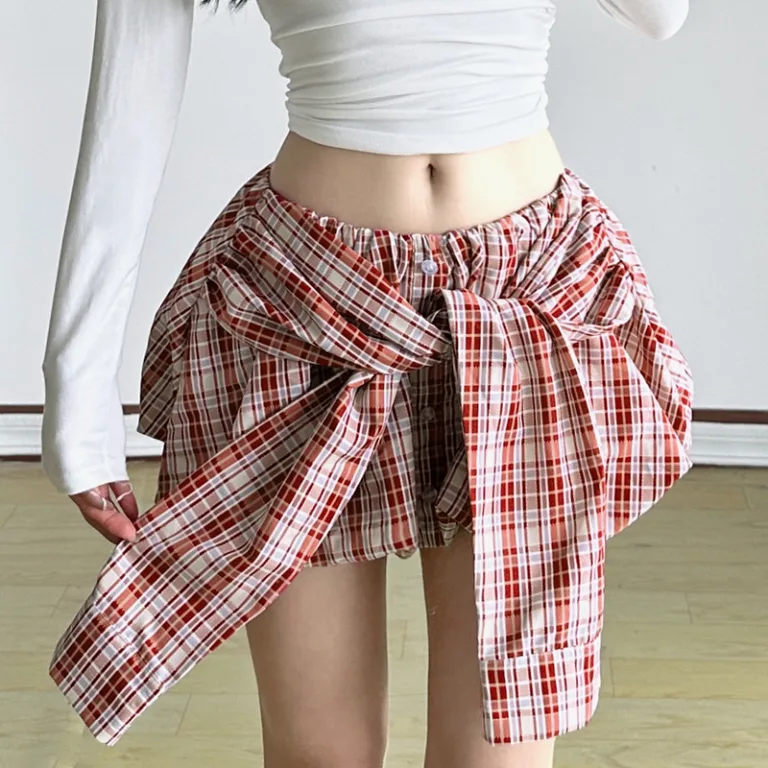 2025 sweet and spicy style low waist contrast plaid bud short skirt women's tie design sense irregular hem skirt summer