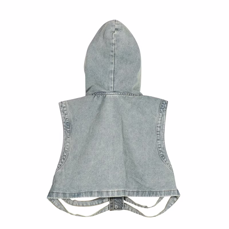 Dark cut-out skeleton hooded denim vest men's workwear shoulder ins trendy handsome short sleeveless vest - Image 5
