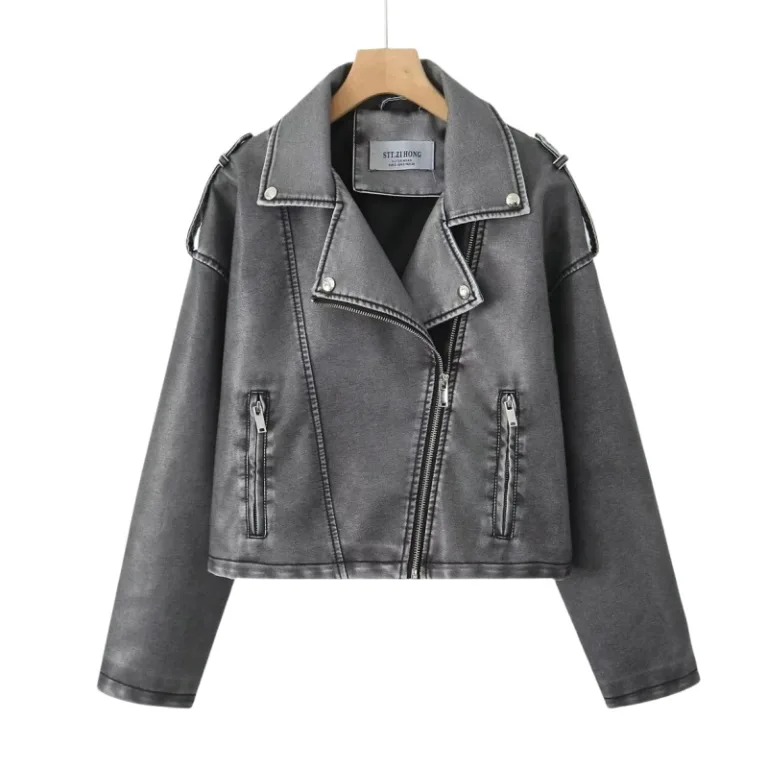 Autumn new American high street distressed faux leather biker jacket with zipper on the back of the top women - Image 4
