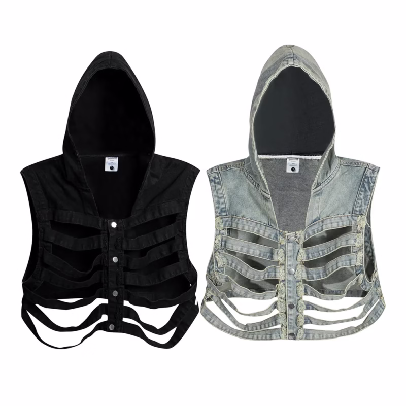 Dark cut-out skeleton hooded denim vest men's workwear shoulder ins trendy handsome short sleeveless vest - Image 4