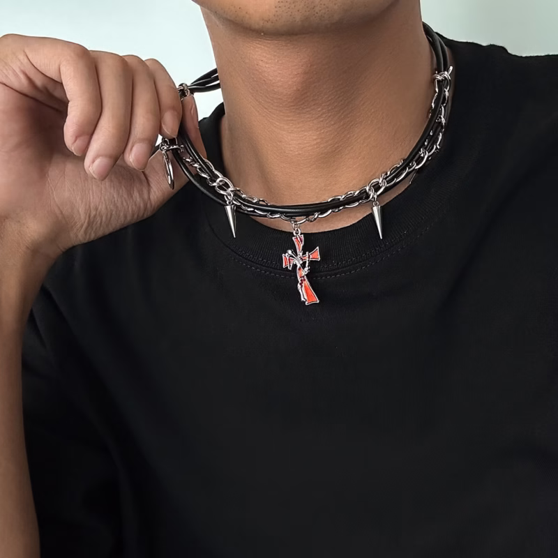 European and American cross-border hot-selling men's cross dark rivet multi-layer necklace niche gothic hip-hop versatile necklace - Image 3