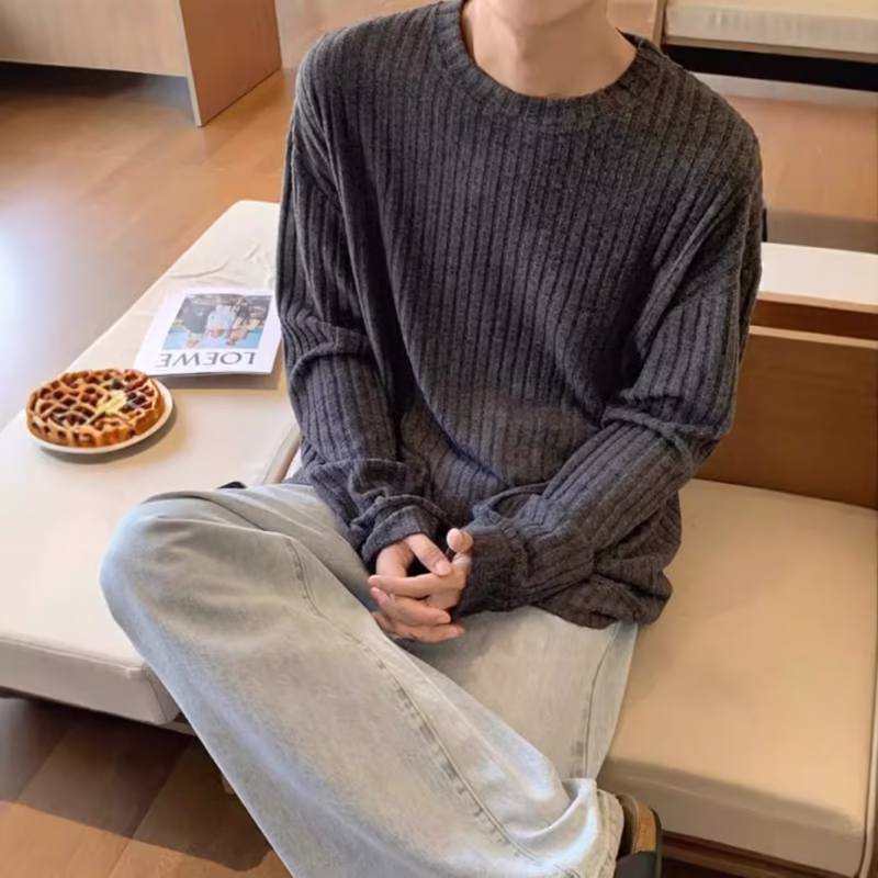 Light gray knitted long sleeve t-shirt men's spring and autumn cleanfit base shirt lazy style luxury crew neck sweatshirt - Image 3