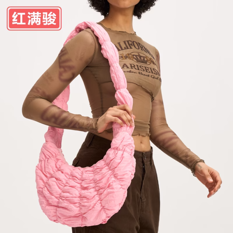 Women's pleated texture crescent cross-body bag black 2024 new bubble one-shoulder cross-body bag winter bag - Image 6