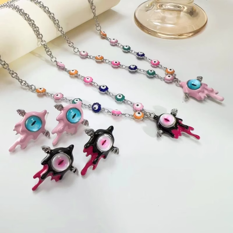 Personalized Color Eyes Clavicle Chain Earrings Women Bohemian Color Retro Devil Eye Women's Necklace Earrings - Image 5