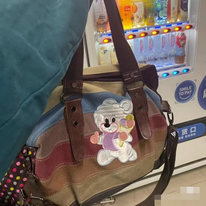 Original new bear y2k hot girl striped canvas shoulder bag tote bag casual niche design cute bag - Image 4