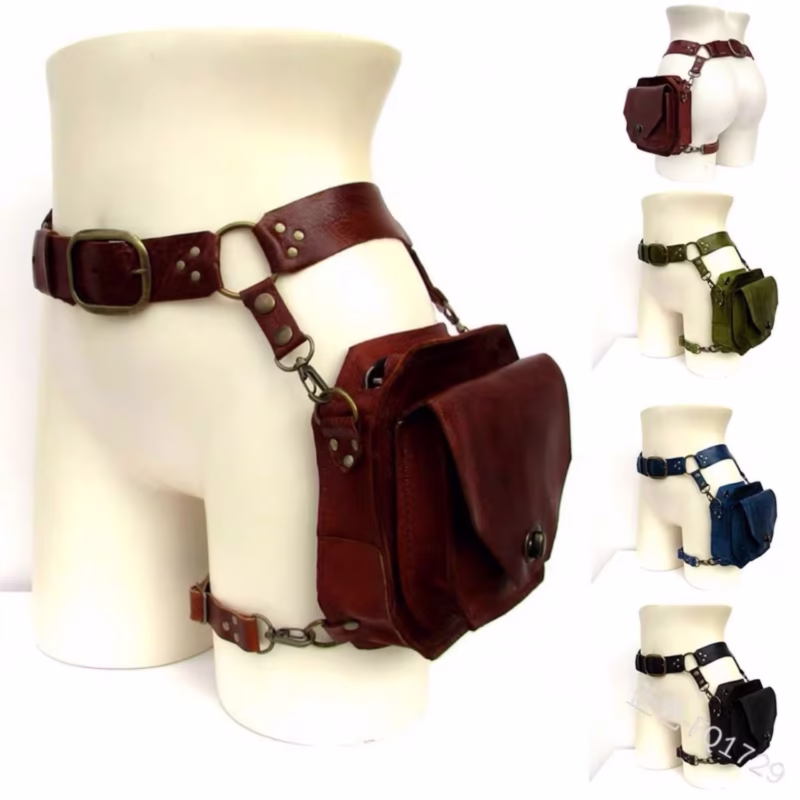 Retro style PU small square bag women's cross-leg bag waist bag locomotive style side bag medieval knight personality props