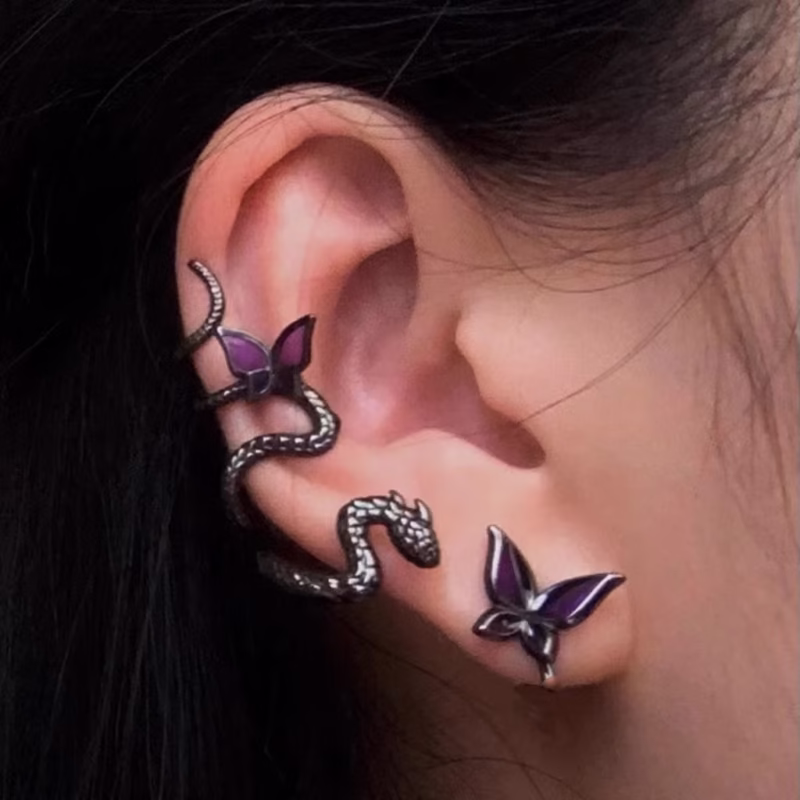 Gun black snake-shaped earbone clip purple diamond butterfly ear pin fashion personality retro dark temperament ear stud earrings. - Image 5
