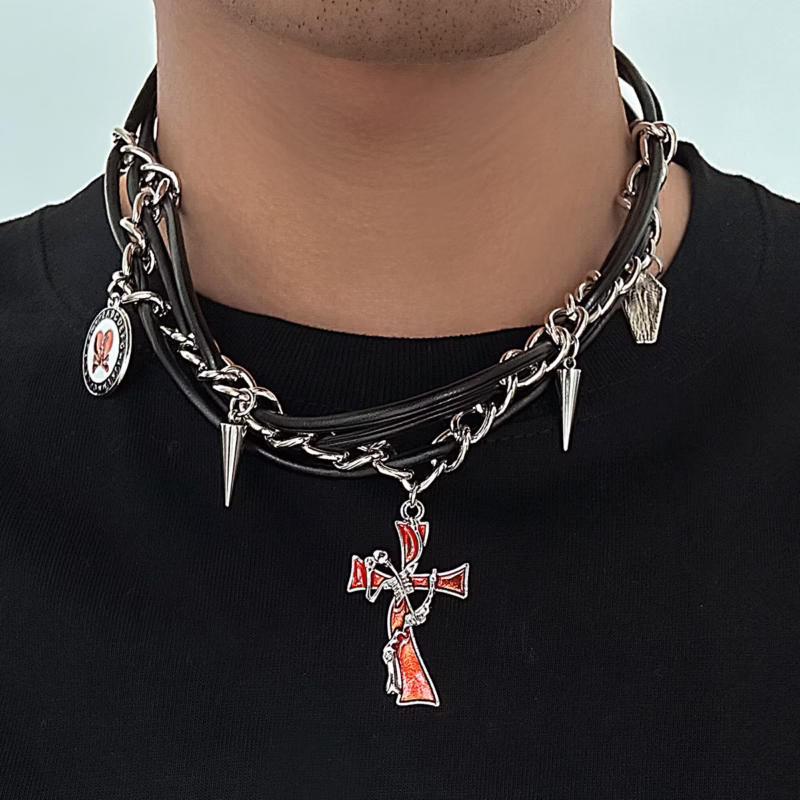 European and American cross-border hot-selling men's cross dark rivet multi-layer necklace niche gothic hip-hop versatile necklace