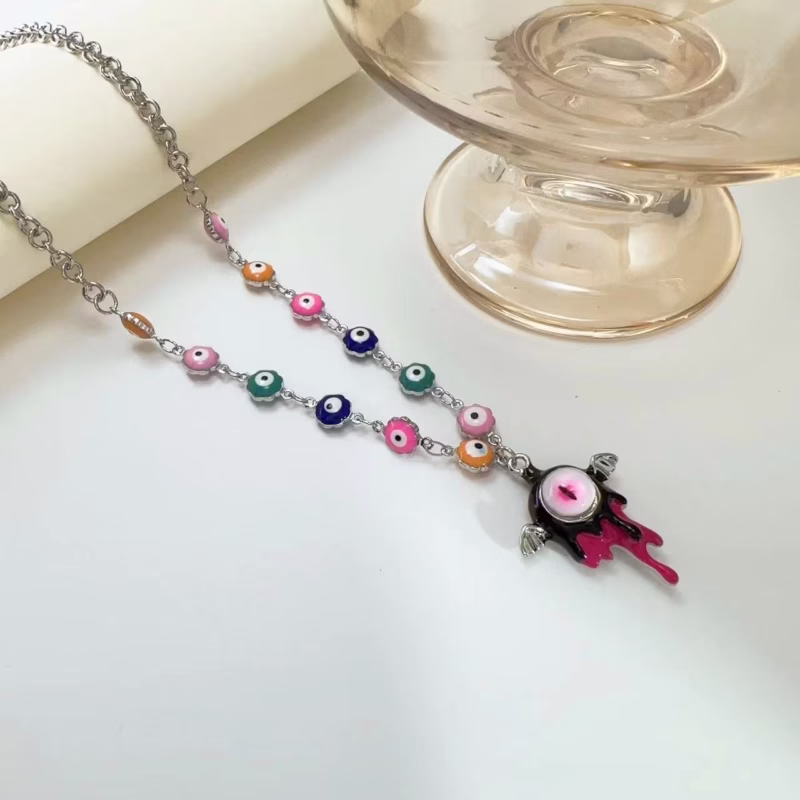 Personalized Color Eyes Clavicle Chain Earrings Women Bohemian Color Retro Devil Eye Women's Necklace Earrings - Image 2