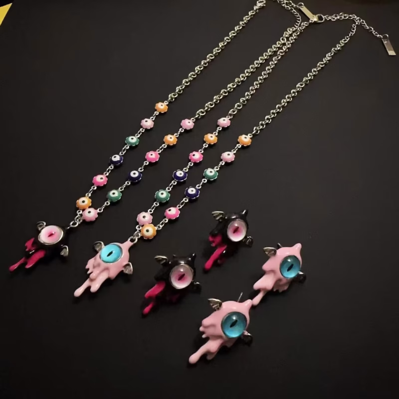 Personalized Color Eyes Clavicle Chain Earrings Women Bohemian Color Retro Devil Eye Women's Necklace Earrings - Image 4
