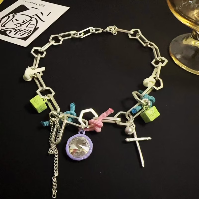 Sweet Cool Hot Girl Y2K Matte Color Knot Pendant Saturn Cross Round Beads Tassel Necklace Clavicle Chain Wholesale