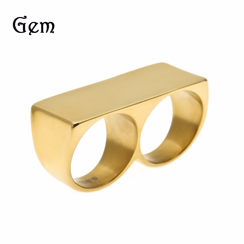 European and American personality two-finger stainless steel ring men's hip-hop retro punk vacuum plating gold ring wholesale - Image 8