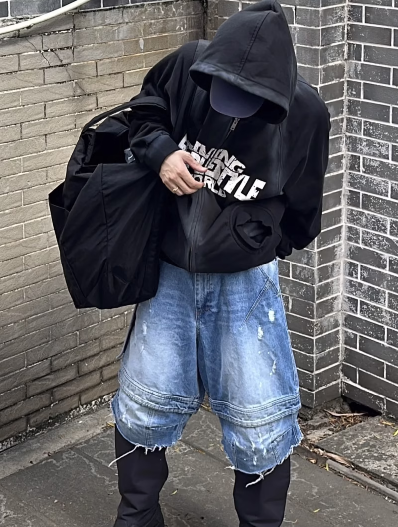 Jimo FAR flash limited edition destruction washed tassels denim paratrooper seven-point retro stitching old shorts men