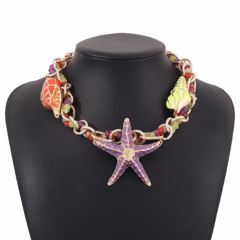 N10774 cross-border casual holiday style necklace ZA alloy dripping oil starfish shell exaggerated beaded necklace for women - Image 4