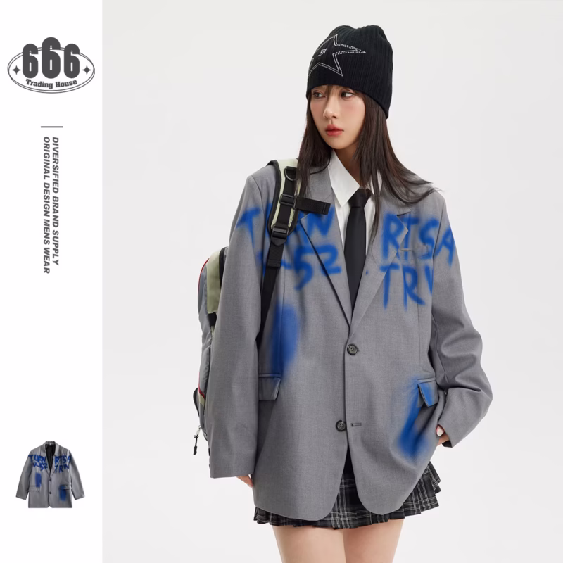 N-52TRW national fashion niche design trendy brand retro casual suit jacket Men and women same style spray-painted jacket W146 - Image 2