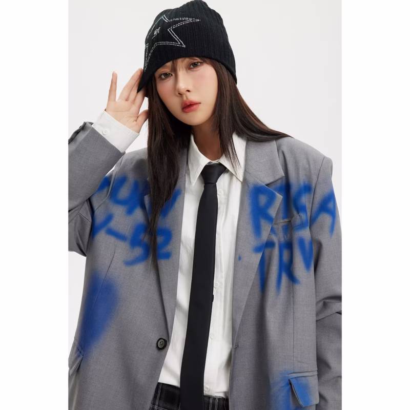 N-52TRW national fashion niche design trendy brand retro casual suit jacket Men and women same style spray-painted jacket W146 - Image 5