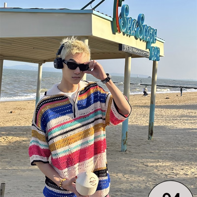 American retro colorful striped hollow sweater spring and summer new style lapel loose casual shirt fashion brand - Image 2