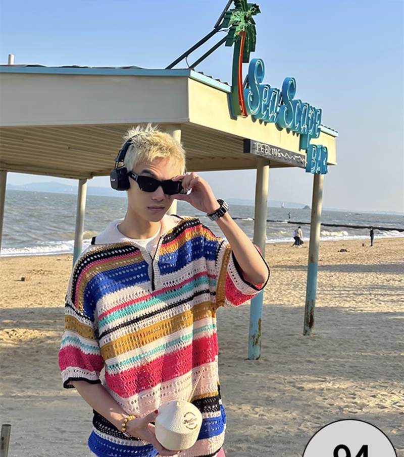 American retro colorful striped hollow sweater spring and summer new style lapel loose casual shirt fashion brand - Image 6