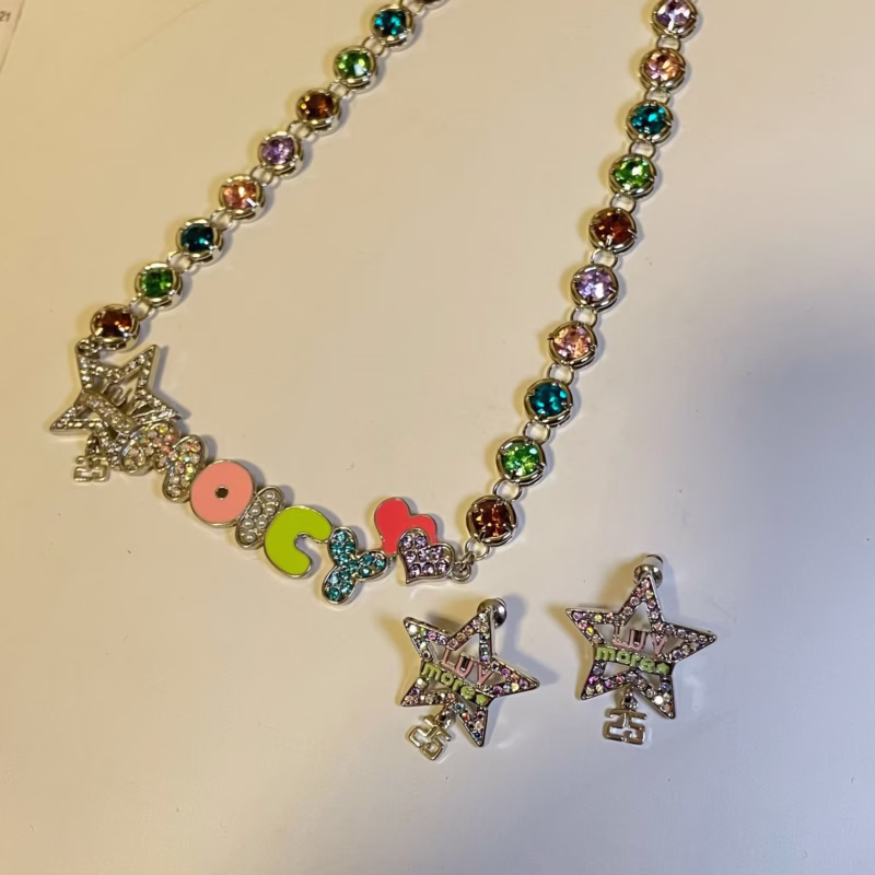 Colorful gemstone five-pointed star drop oil logo font y2k hot girl necklace earrings