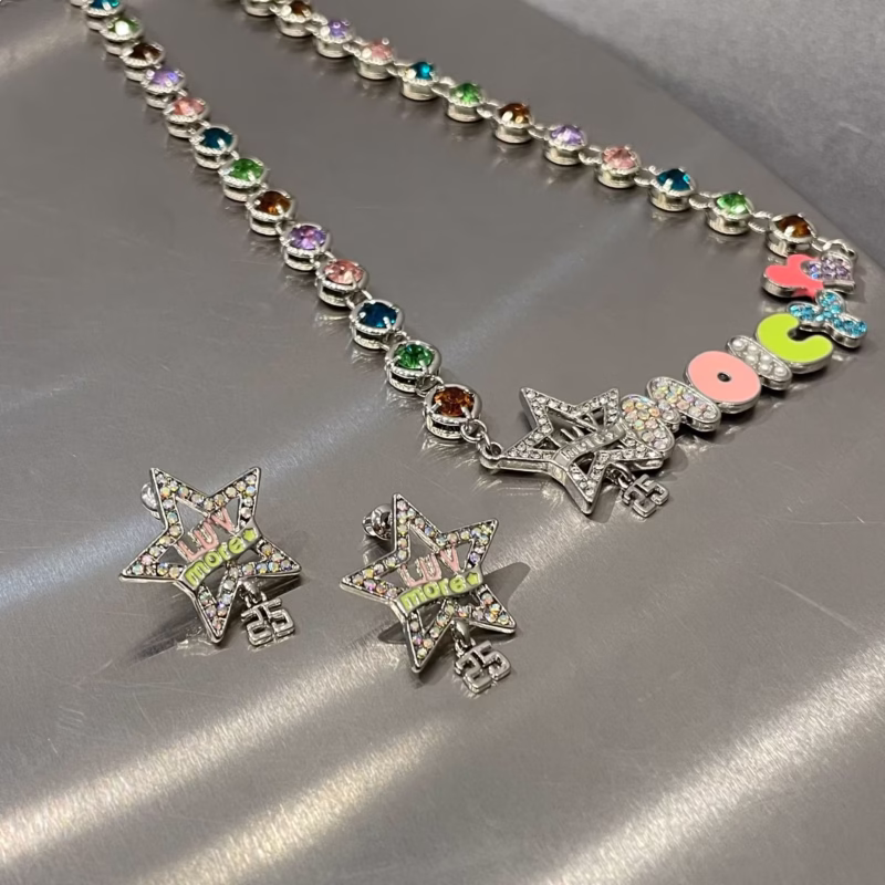 Colorful gemstone five-pointed star drop oil logo font y2k hot girl necklace earrings - Image 6