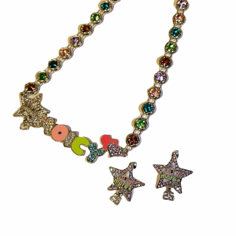 Colorful gemstone five-pointed star drop oil logo font y2k hot girl necklace earrings - Image 2