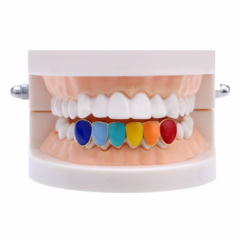 Cross-border European and American personality hip-hop single-row gold braces Teeth Grills gold-plated colorful shiny oil spraying lower teeth