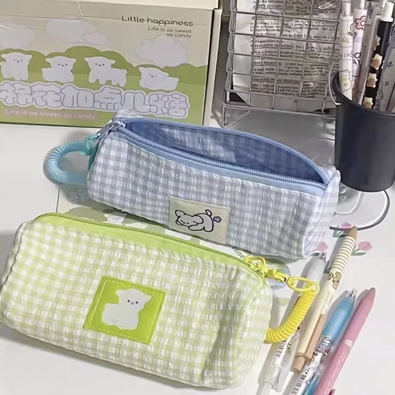 New small fresh plaid high-quality pen bag cute lamb ins large-capacity desktop student stationery storage bag - Image 3