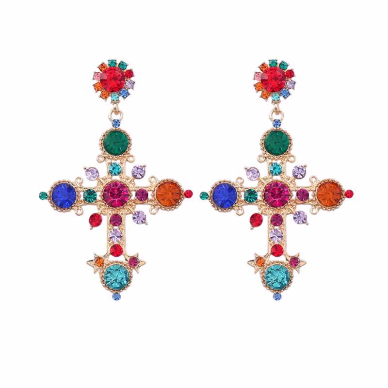 Bohemian national style alloy diamond cross earrings women's European and American colorful diamond earrings cross-border source Internet celebrity style - Image 5