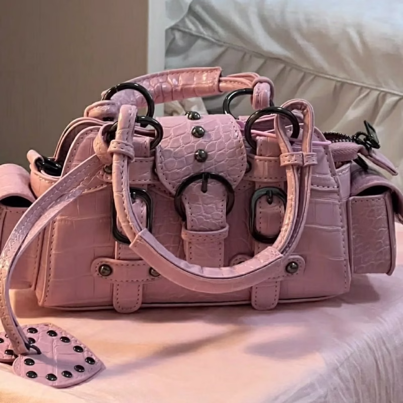 vintage original retro millennial style crocodile pattern square rivet hand-held flap hand-held armpit oblique cross bag - Image 5