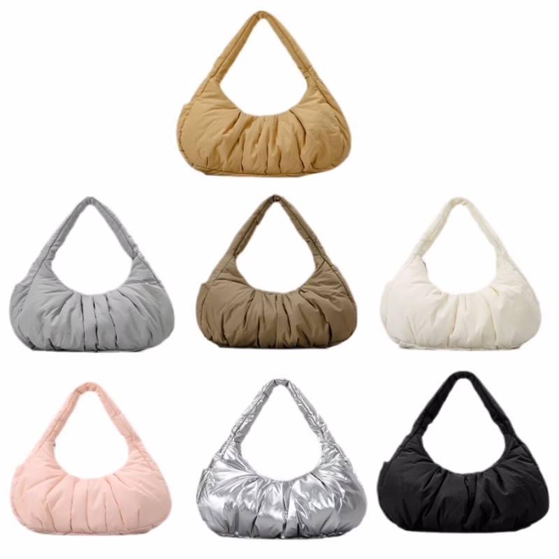 Simple and lightweight niche crescent shoulder bag nylon cloth cotton cloud armpit bag pleated large-capacity handbag
