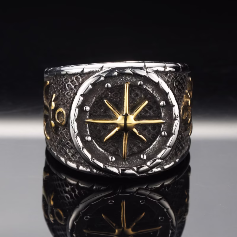 European and American cross-border fashion anchor titanium steel ring personality retro punk eight-pointed star men's ring with accessories wholesale - Image 3