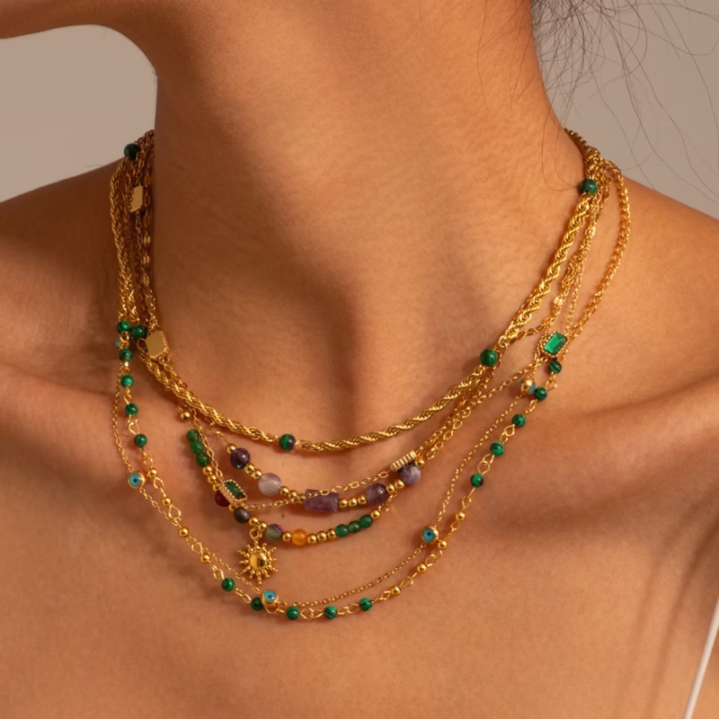 EUROPEAN AND AMERICAN NEW HOT-SELLING 18K GOLD-PLATED STAINLESS STEEL NECKLACE INLAID TICKSTONE BEAD NECKLACE INS INTERNET CELEBRITY JEWELRY WOMEN'S