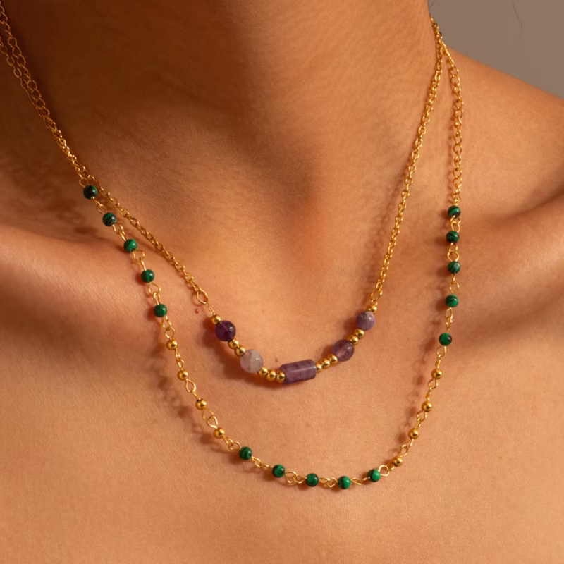 EUROPEAN AND AMERICAN NEW HOT-SELLING 18K GOLD-PLATED STAINLESS STEEL NECKLACE INLAID TICKSTONE BEAD NECKLACE INS INTERNET CELEBRITY JEWELRY WOMEN'S - Image 2