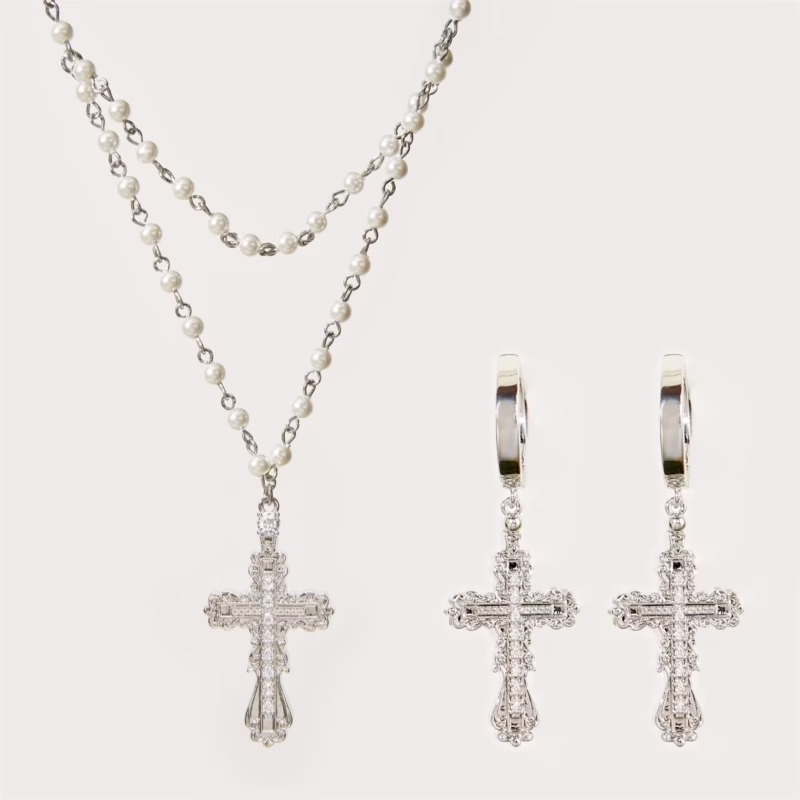 Gothic style cross necklace set female shell pearl personality minimalist necklace European and American punk style cross - Image 4