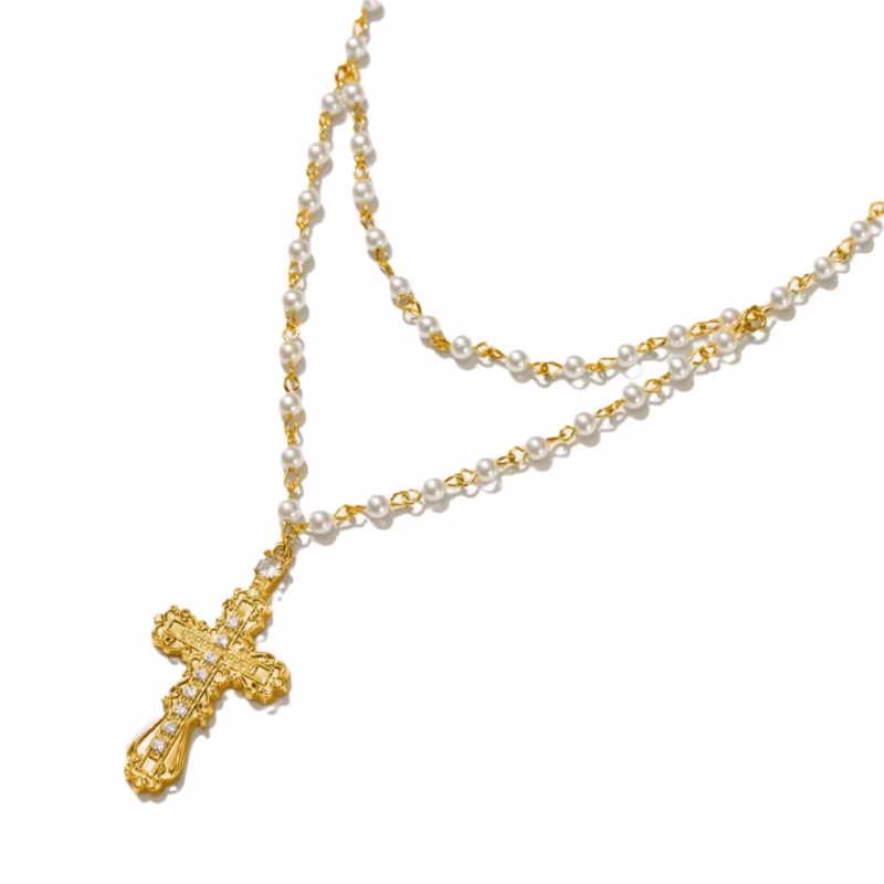 Gothic style cross necklace set female shell pearl personality minimalist necklace European and American punk style cross - Image 11
