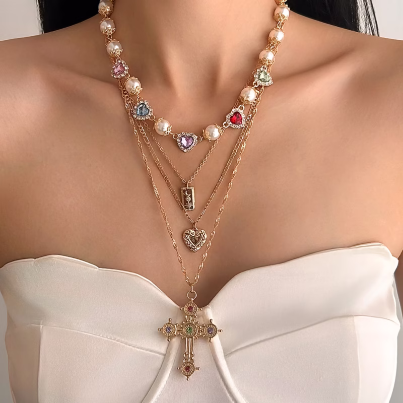 Cross-border European and American style long design sense cross French necklace women's love beaded niche pendant necklace - Image 7