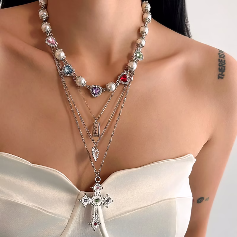 Cross-border European and American style long design sense cross French necklace women's love beaded niche pendant necklace - Image 3