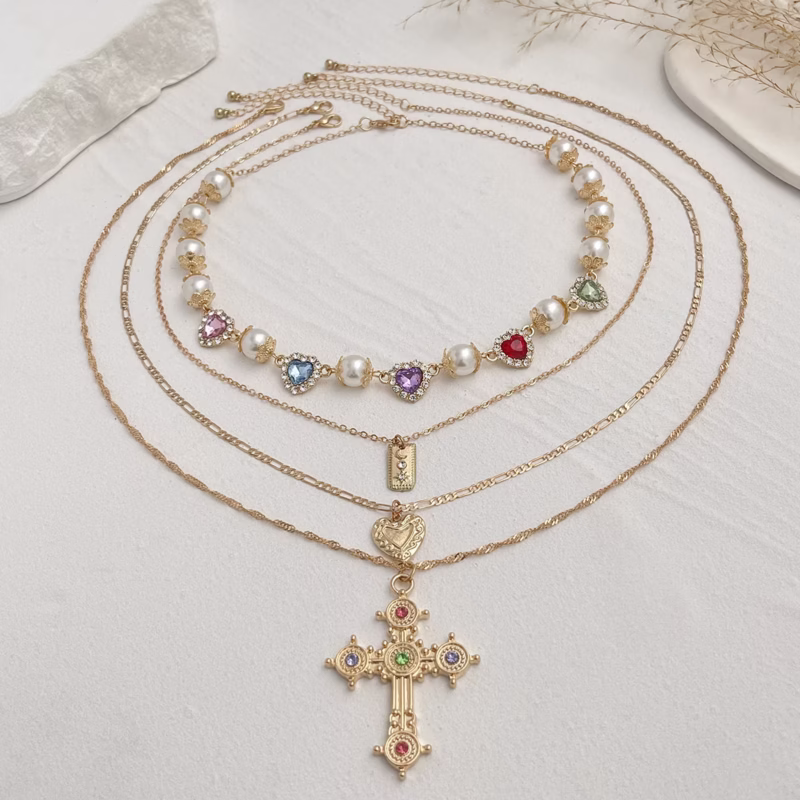 Cross-border European and American style long design sense cross French necklace women's love beaded niche pendant necklace - Image 6